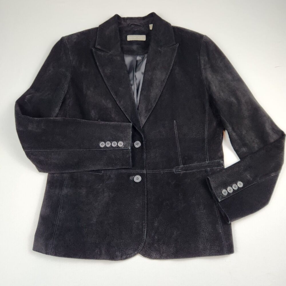 Kate Hill Black Suede Blazer Womens 10 2-Button Lined Quiet Luxury Retro 90s